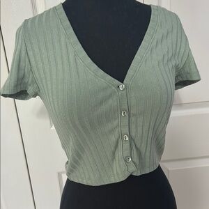 Francesca's Green Ribbed Button-Up Women's Top